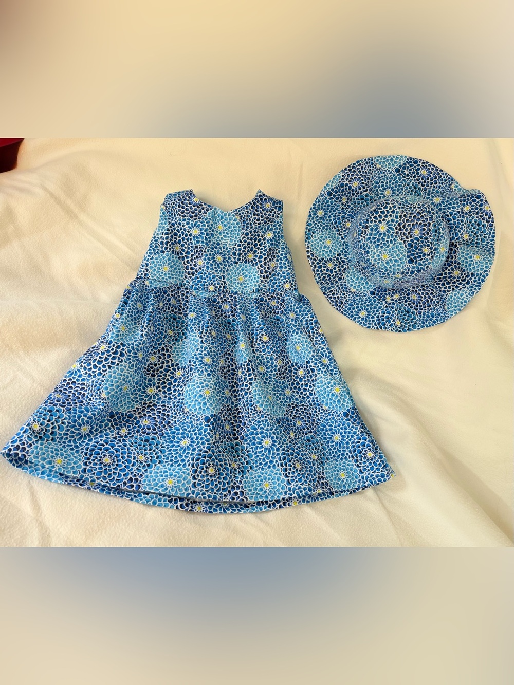 Blue Dahlia Toddler Dress with matching Sunny Dayz Garden Hat